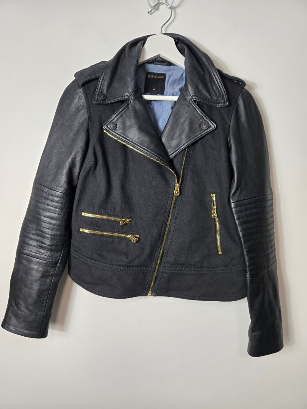 True Religion Black Mix Media Lamb Leather Moto Biker Jacket Size XS Women's
